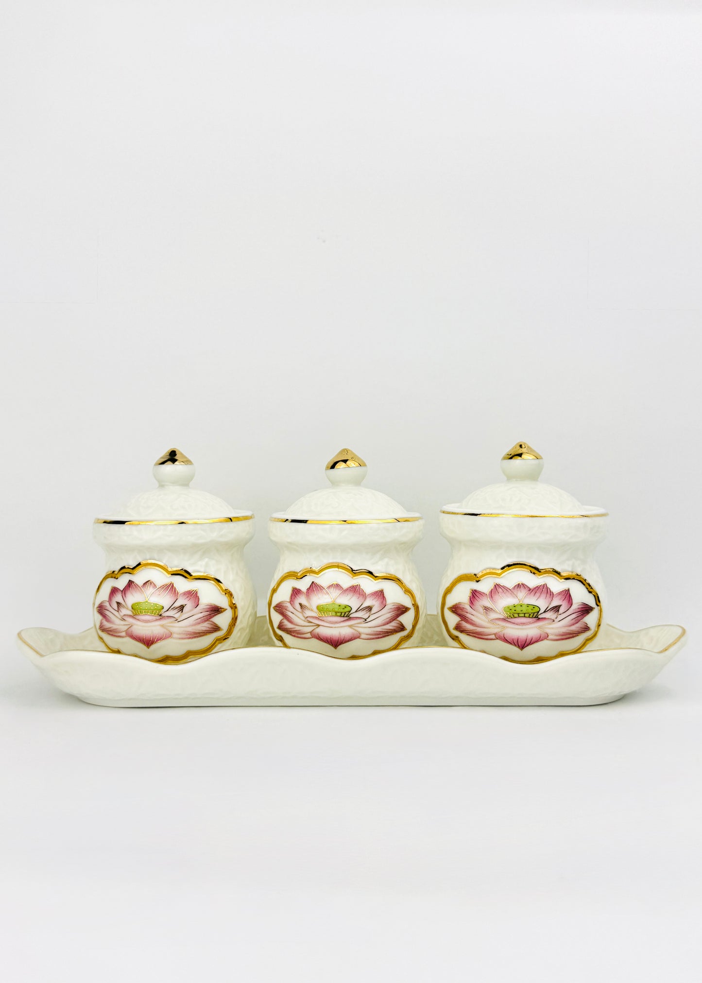 Lotus Medallion Covered Offering Cups Set - Embossed Porcelain - Leaf-Edge Tray - 3 Cups
