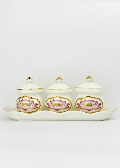 Lotus Medallion Covered Offering Cups Set - Embossed Porcelain - Leaf-Edge Tray - 3 Cups