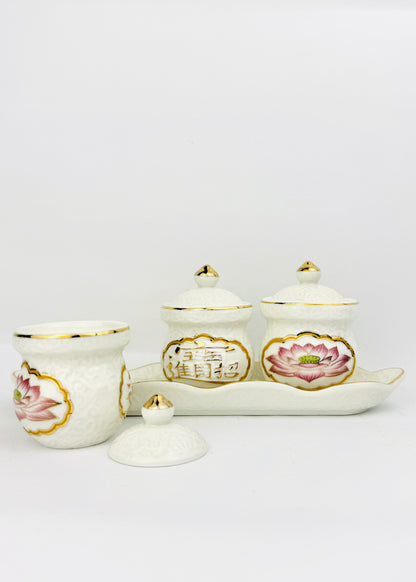 Lotus Medallion Covered Offering Cups Set - Embossed Porcelain - Leaf-Edge Tray - 3 Cups