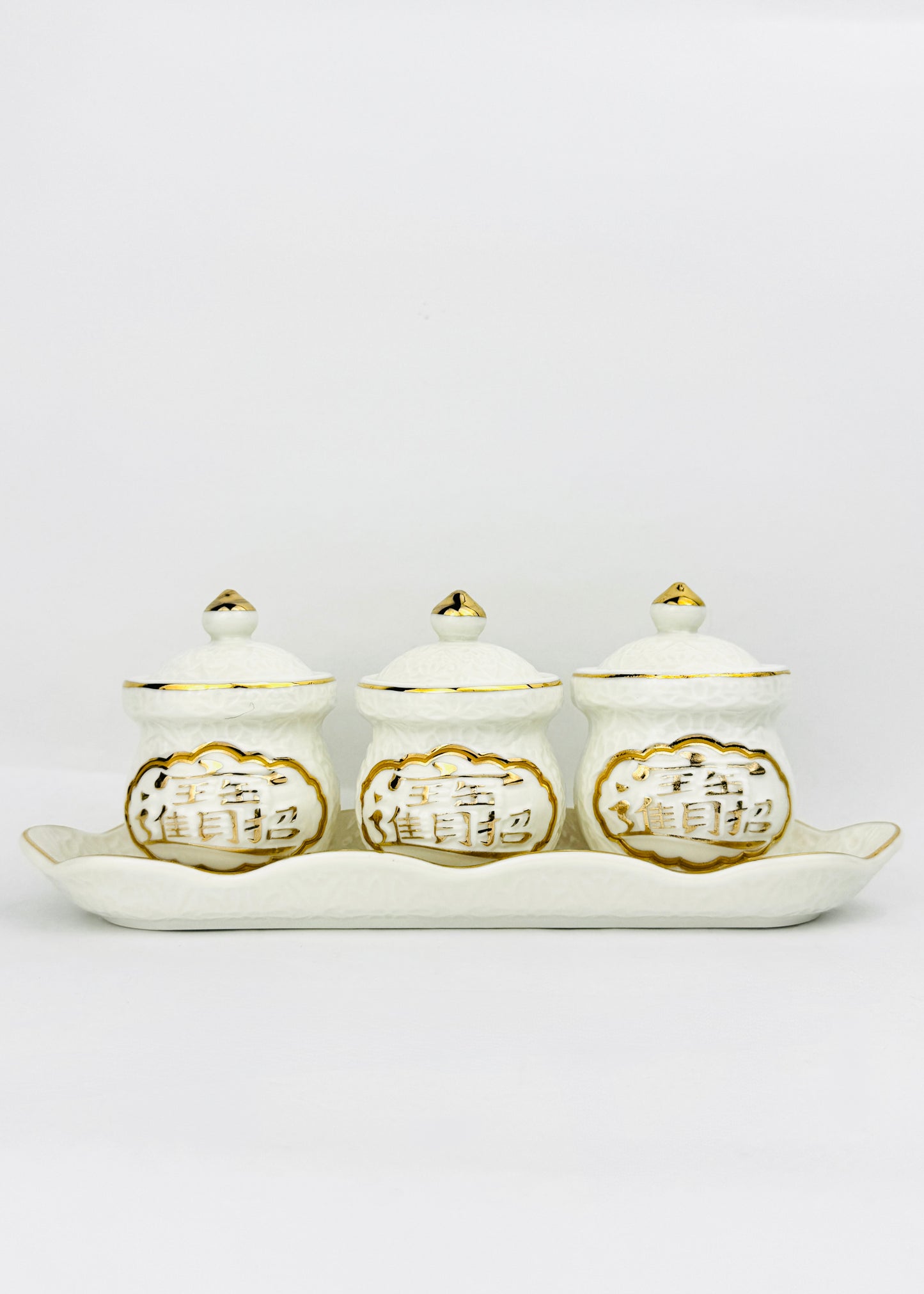 Lotus Medallion Covered Offering Cups Set - Embossed Porcelain - Leaf-Edge Tray - 3 Cups