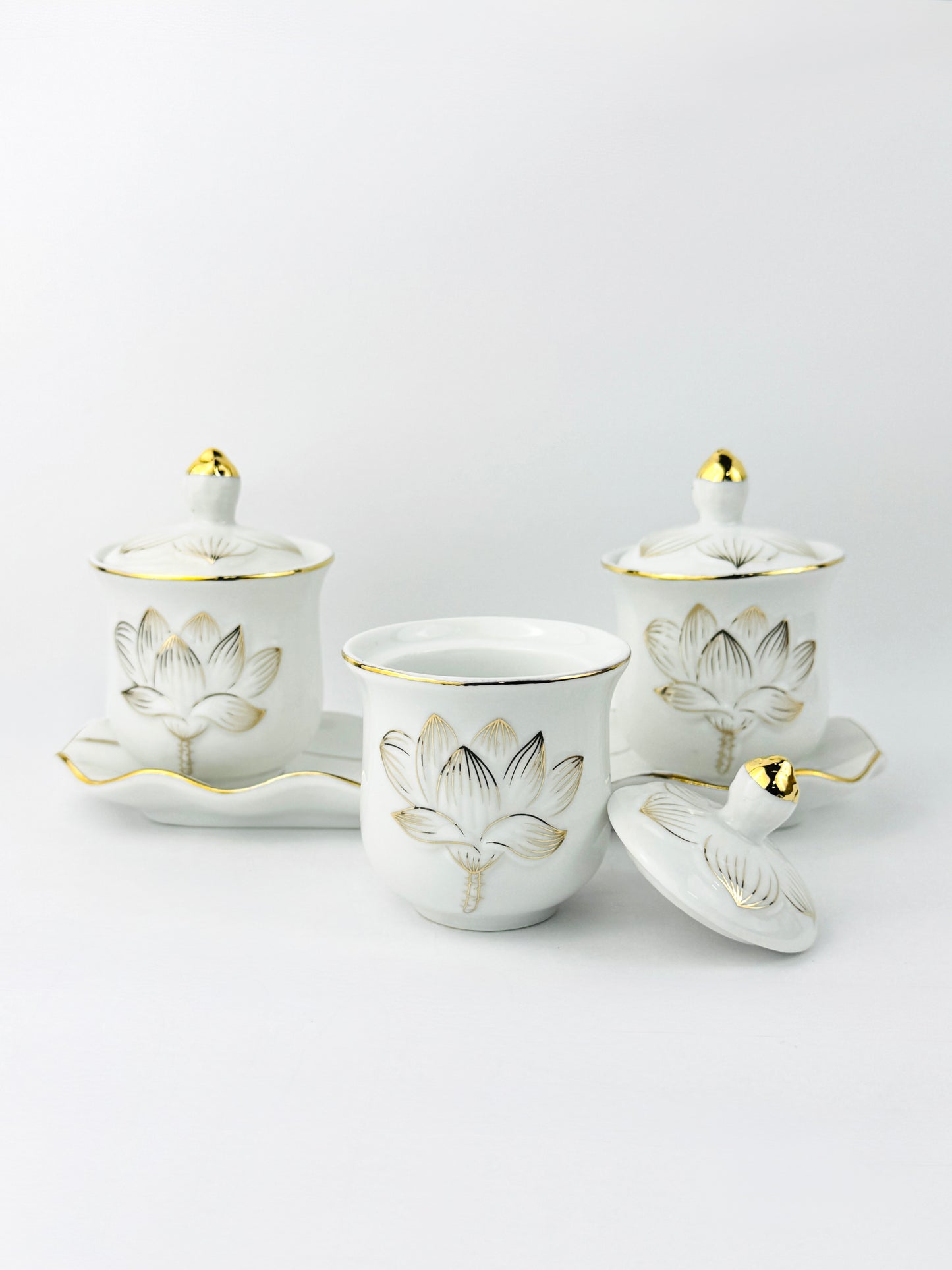 Lotus Covered Offering Cups Set - White Porcelain - Gold Outline - 3 Cups