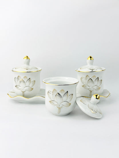 Lotus Covered Offering Cups Set - White Porcelain - Gold Outline - 3 Cups