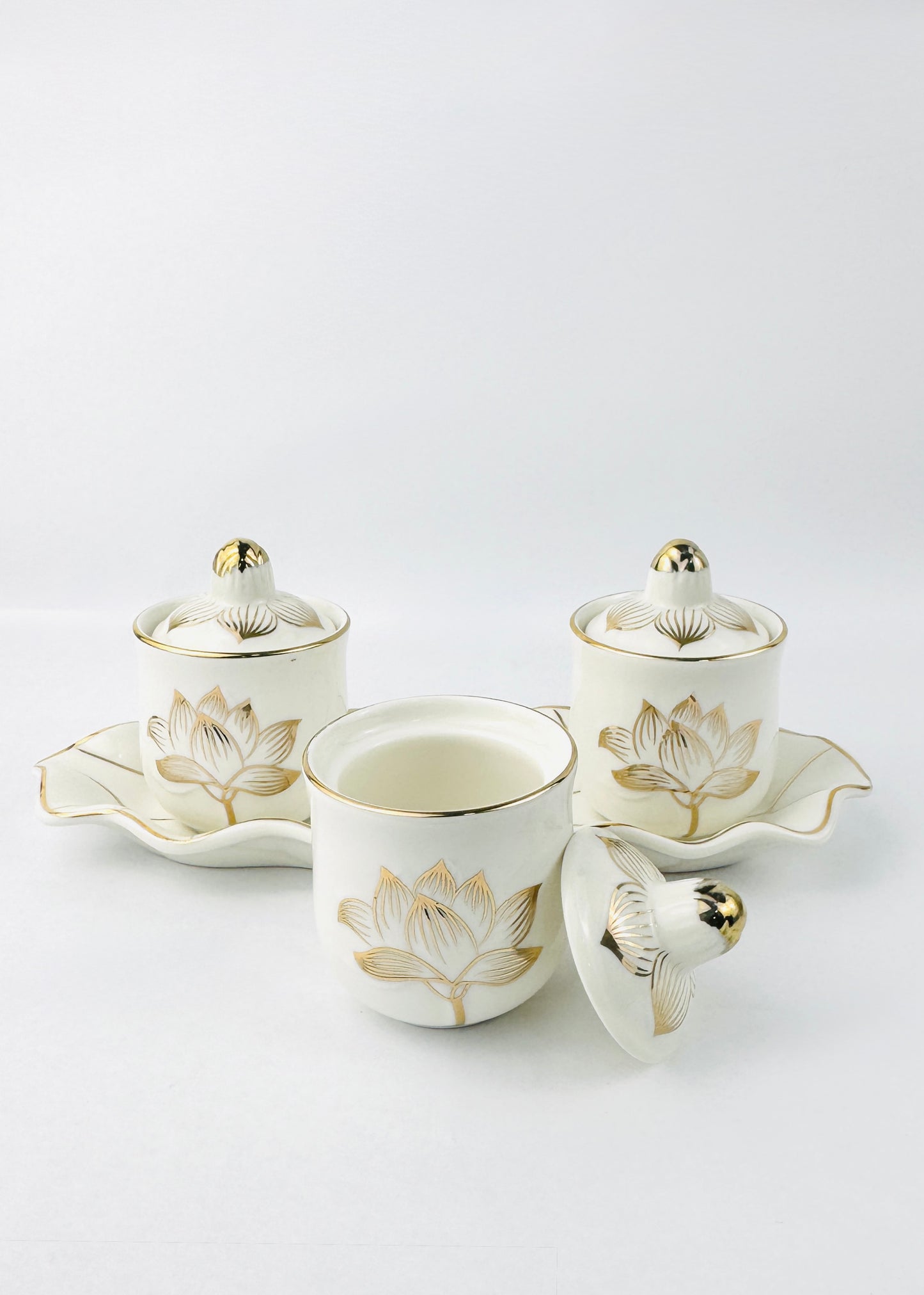 Lotus Covered Offering Cups Set - Ivory Porcelain - Leaf-Edge Tray - 3 Cups
