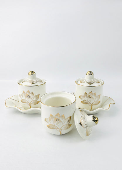 Lotus Covered Offering Cups Set - Ivory Porcelain - Leaf-Edge Tray - 3 Cups