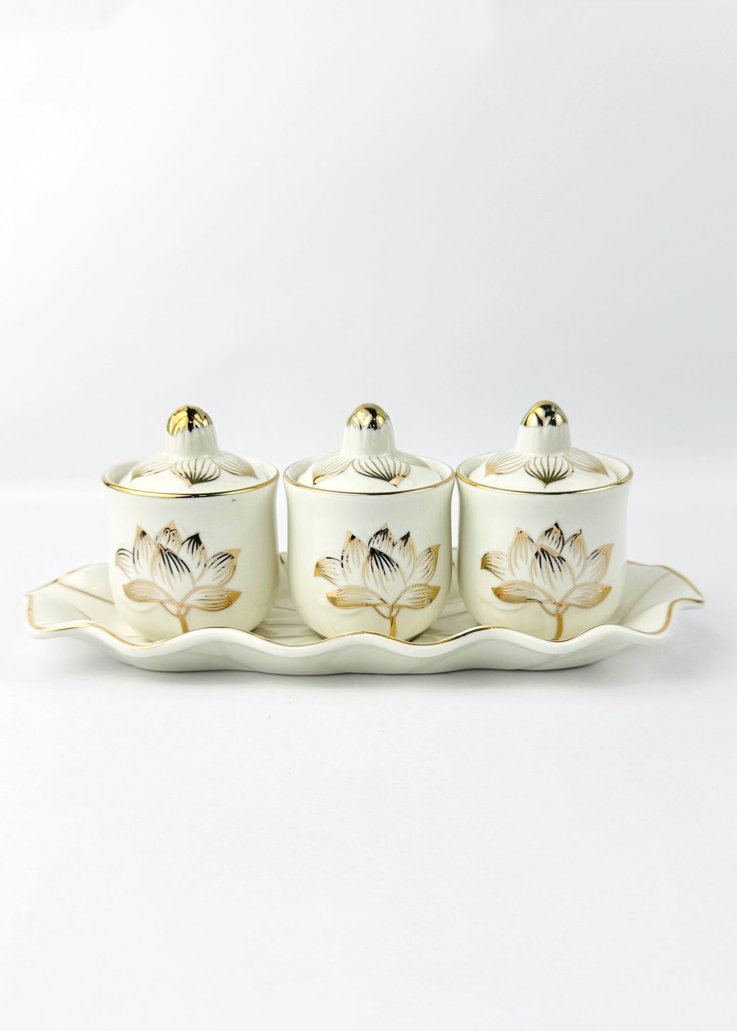Lotus Covered Offering Cups Set - Ivory Porcelain - Leaf-Edge Tray - 3 Cups