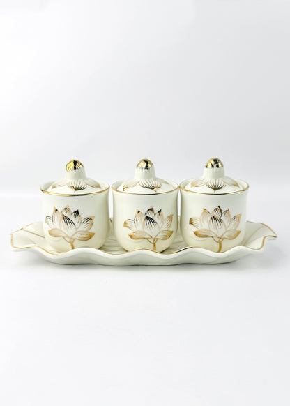 Lotus Covered Offering Cups Set - Ivory Porcelain - Leaf-Edge Tray - 3 Cups