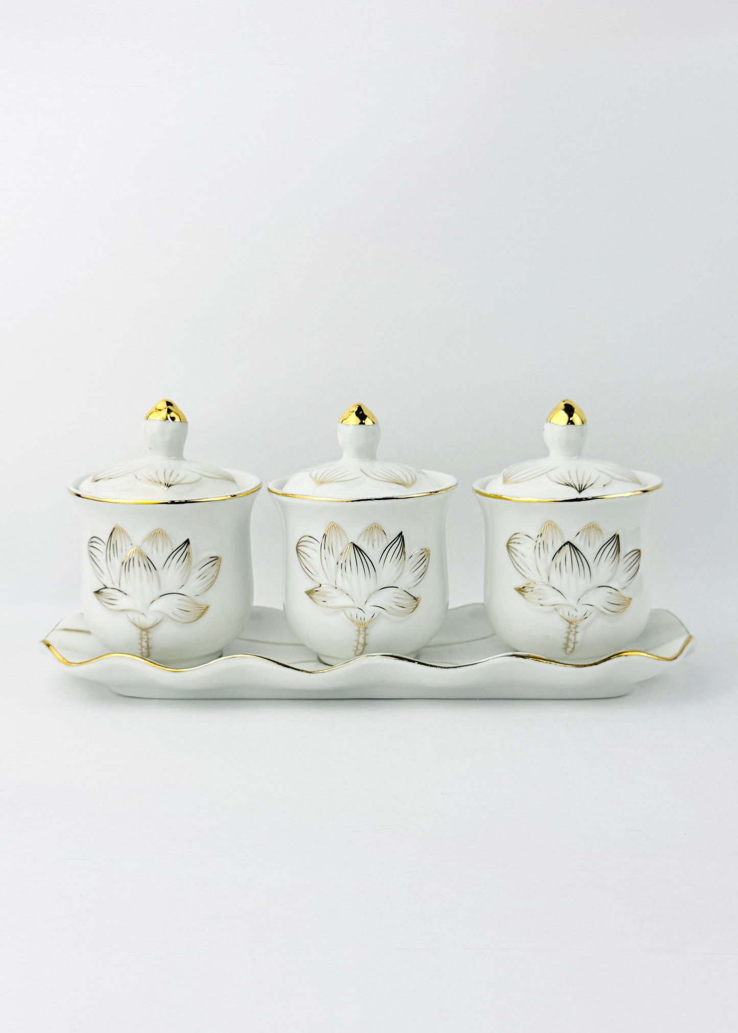 Lotus Covered Offering Cups Set - White Porcelain - Gold Outline - 3 Cups