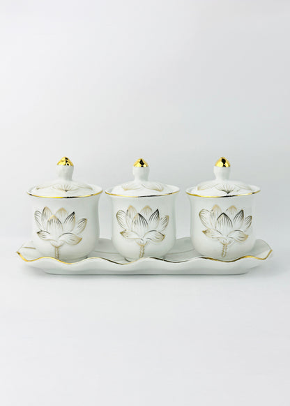Lotus Covered Offering Cups Set - White Porcelain - Gold Outline - 3 Cups