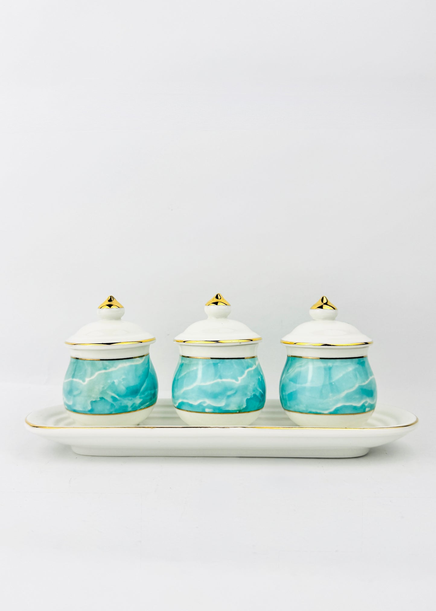 Blue Marble Covered Offering Cups Set - Oval Porcelain Tray - Gold Accents - 3 Cups