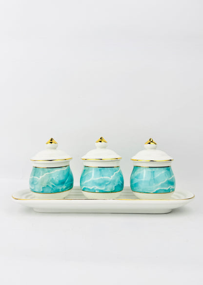 Blue Marble Covered Offering Cups Set - Oval Porcelain Tray - Gold Accents - 3 Cups