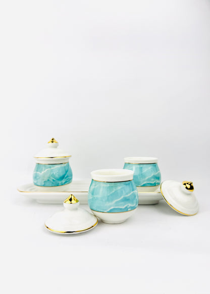Blue Marble Covered Offering Cups Set - Oval Porcelain Tray - Gold Accents - 3 Cups