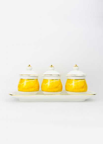 Yellow Marble Covered Offering Cups Set - Oval Porcelain Tray - Gold Accents - 3 Cups