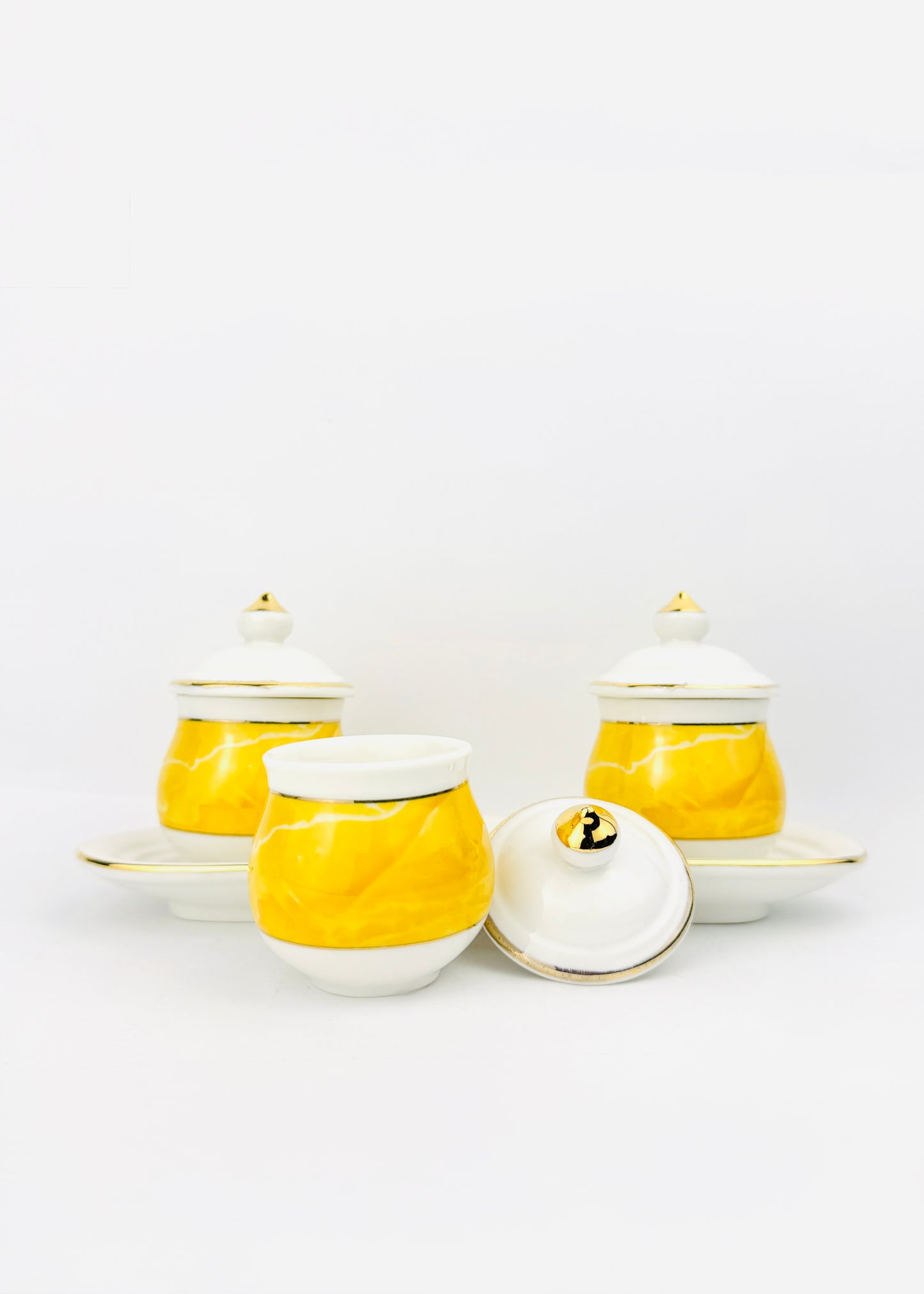 Yellow Marble Covered Offering Cups Set - Oval Porcelain Tray - Gold Accents - 3 Cups