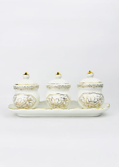 Auspicious Script Covered Offering Cups Set - Ivory Porcelain - Lotus Rim Tray - 3 Cups