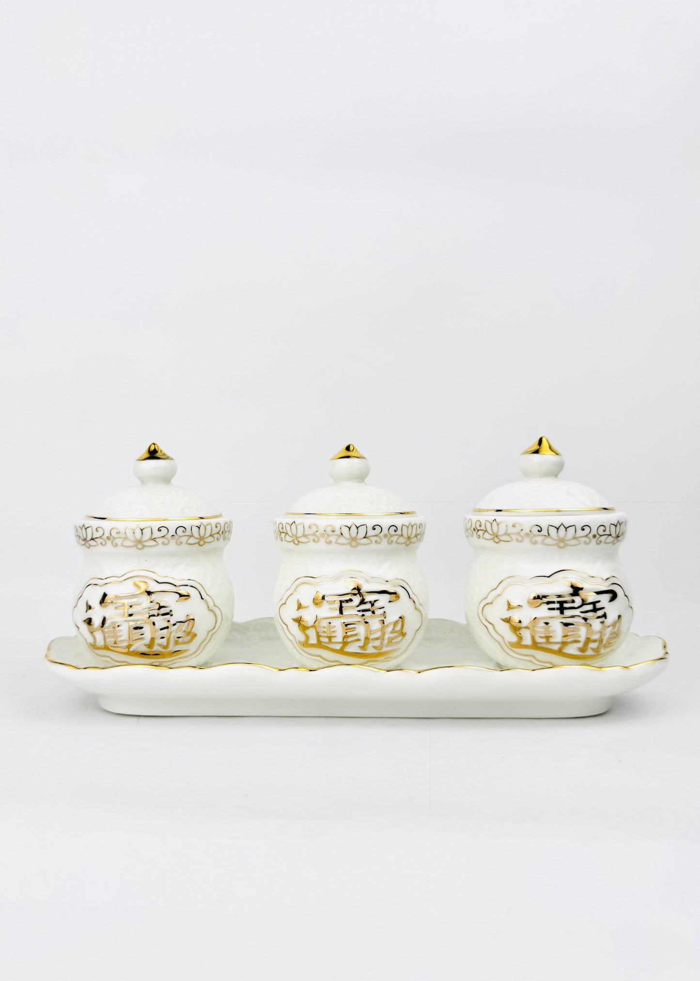 Auspicious Script Covered Offering Cups Set - Ivory Porcelain - Lotus Rim Tray - 3 Cups