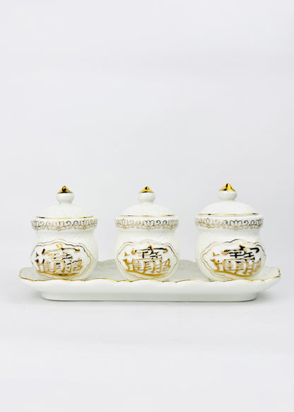 Auspicious Script Covered Offering Cups Set - Ivory Porcelain - Lotus Rim Tray - 3 Cups