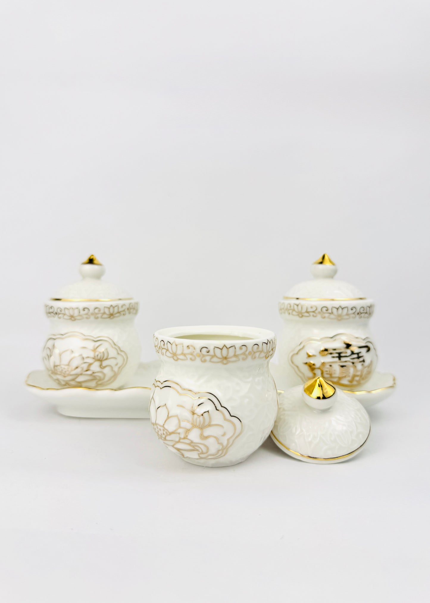 Auspicious Script Covered Offering Cups Set - Ivory Porcelain - Lotus Rim Tray - 3 Cups