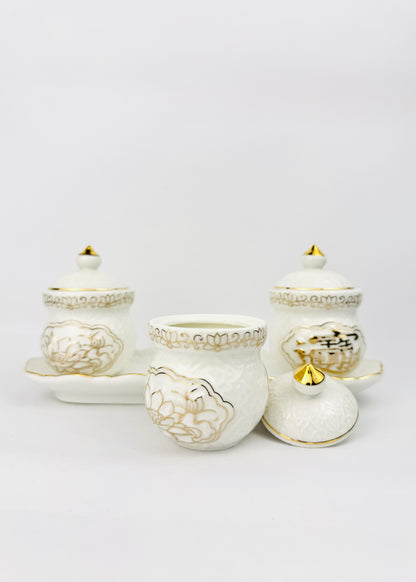 Auspicious Script Covered Offering Cups Set - Ivory Porcelain - Lotus Rim Tray - 3 Cups