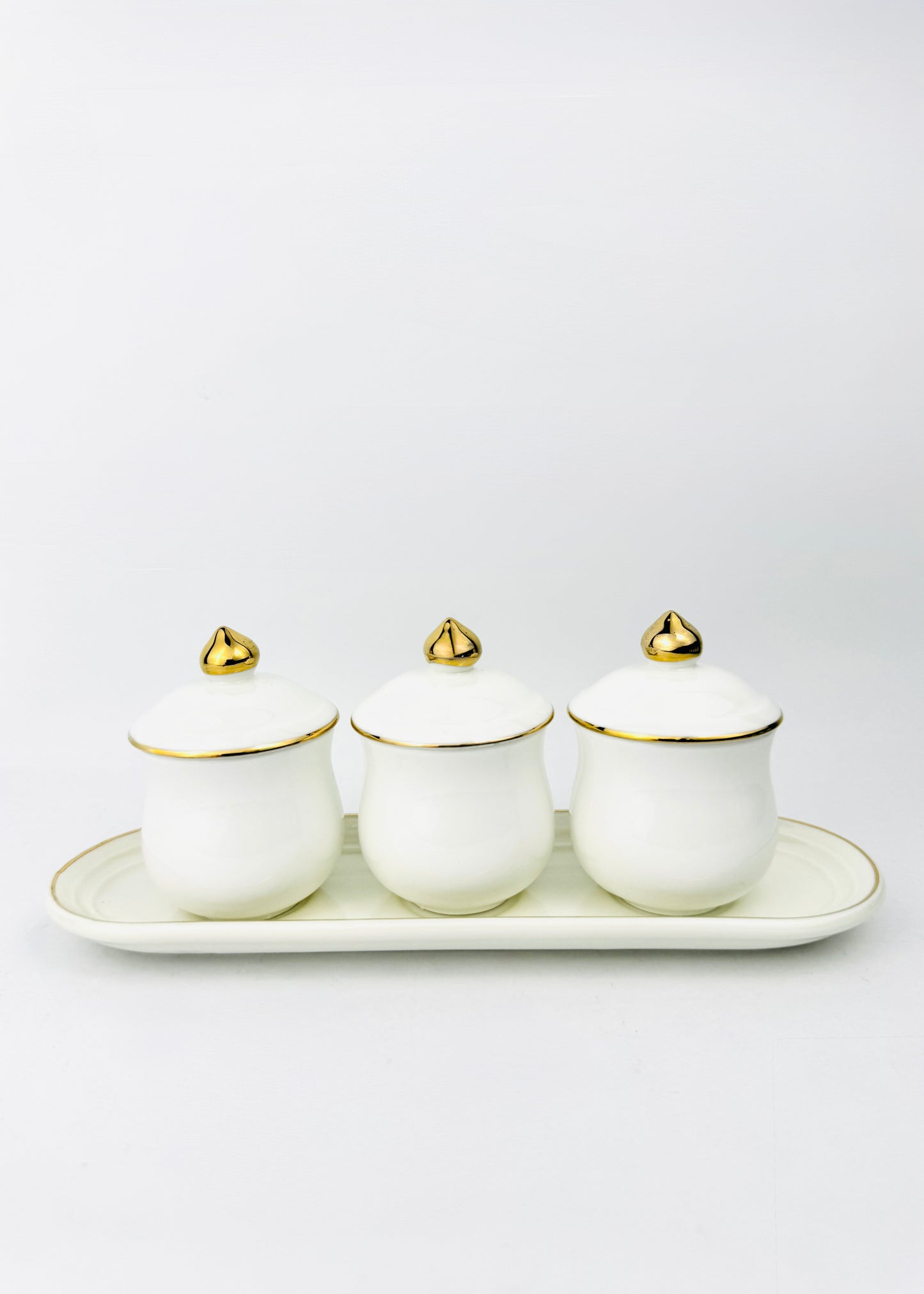 White Covered Offering Cups Set - Oval Porcelain Tray - Gold Rim - 3 Cups