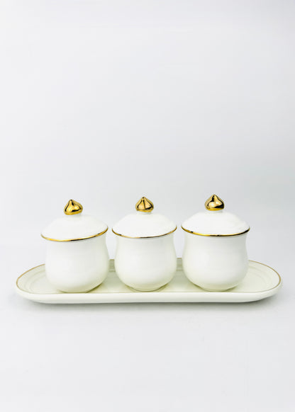 White Covered Offering Cups Set - Oval Porcelain Tray - Gold Rim - 3 Cups
