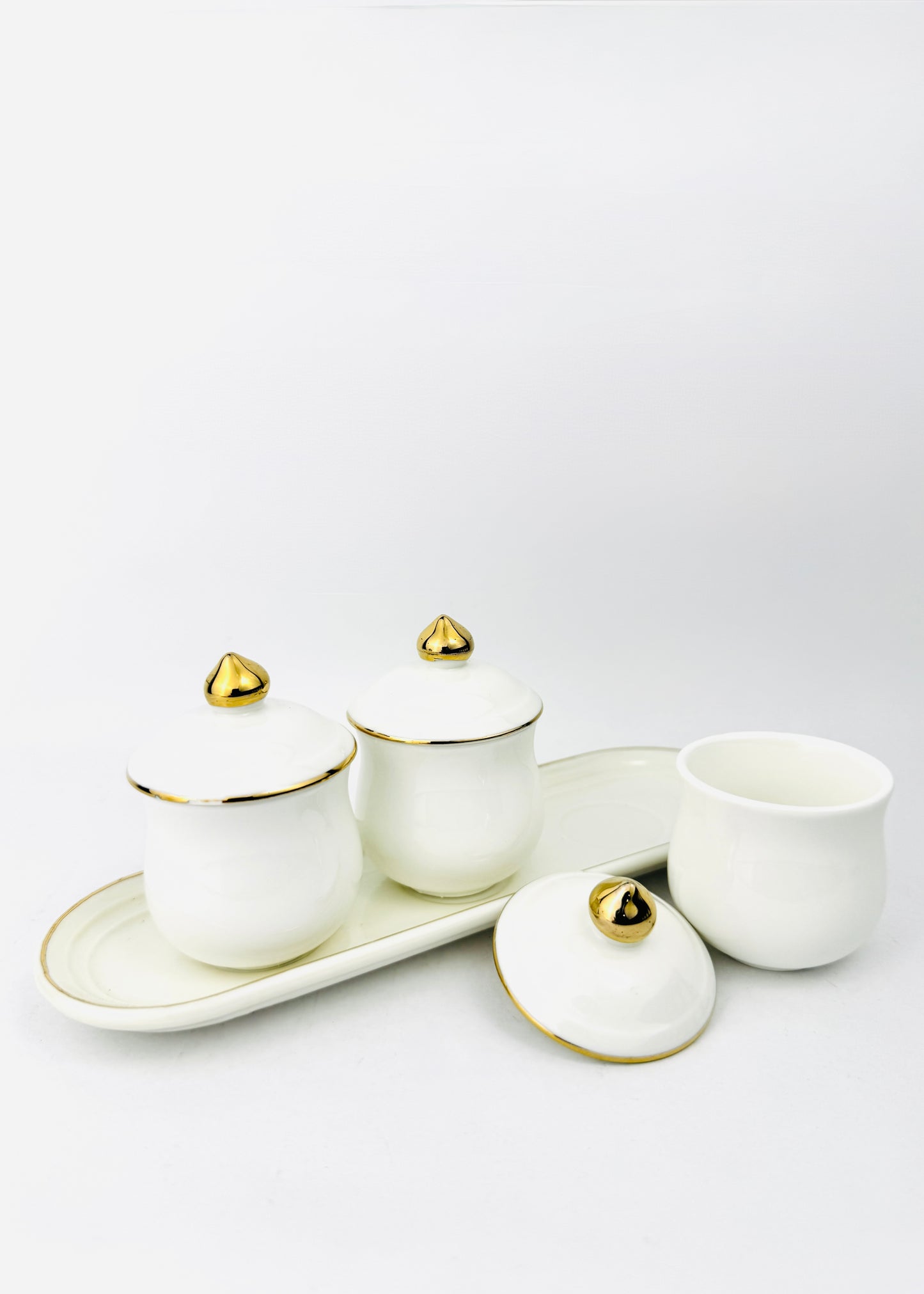 White Covered Offering Cups Set - Oval Porcelain Tray - Gold Rim - 3 Cups