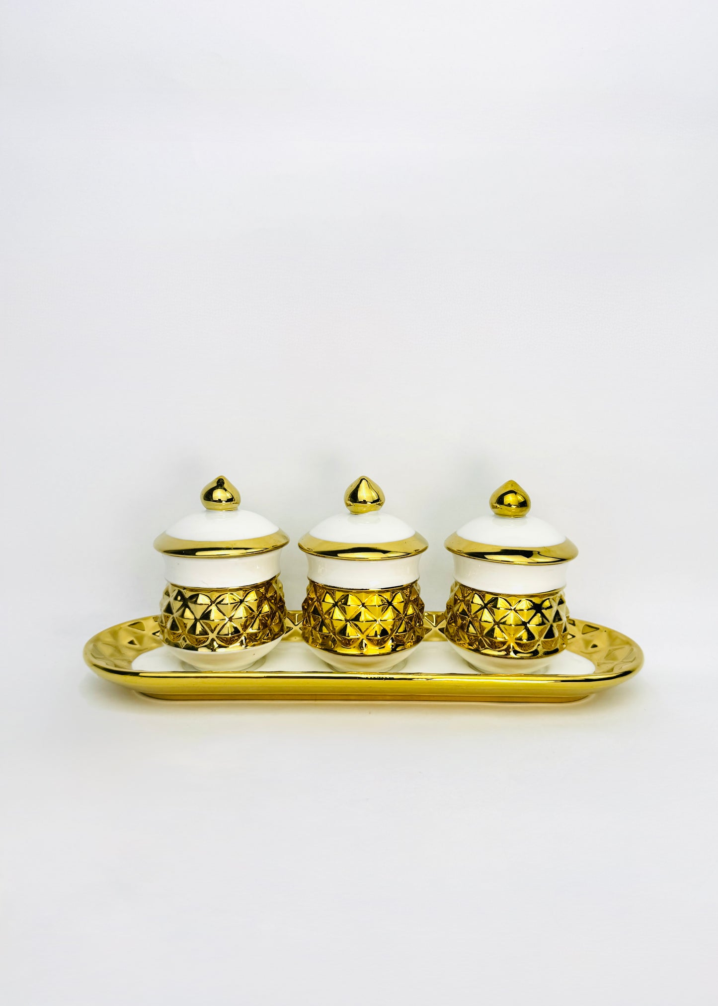 Gold Faceted Covered Offering Cups Set - Oval Tray - White Porcelain - 3 Cups