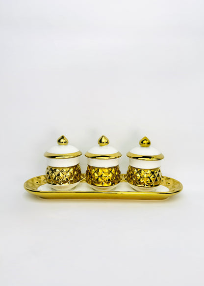 Gold Faceted Covered Offering Cups Set - Oval Tray - White Porcelain - 3 Cups