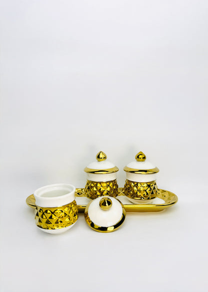 Gold Faceted Covered Offering Cups Set - Oval Tray - White Porcelain - 3 Cups