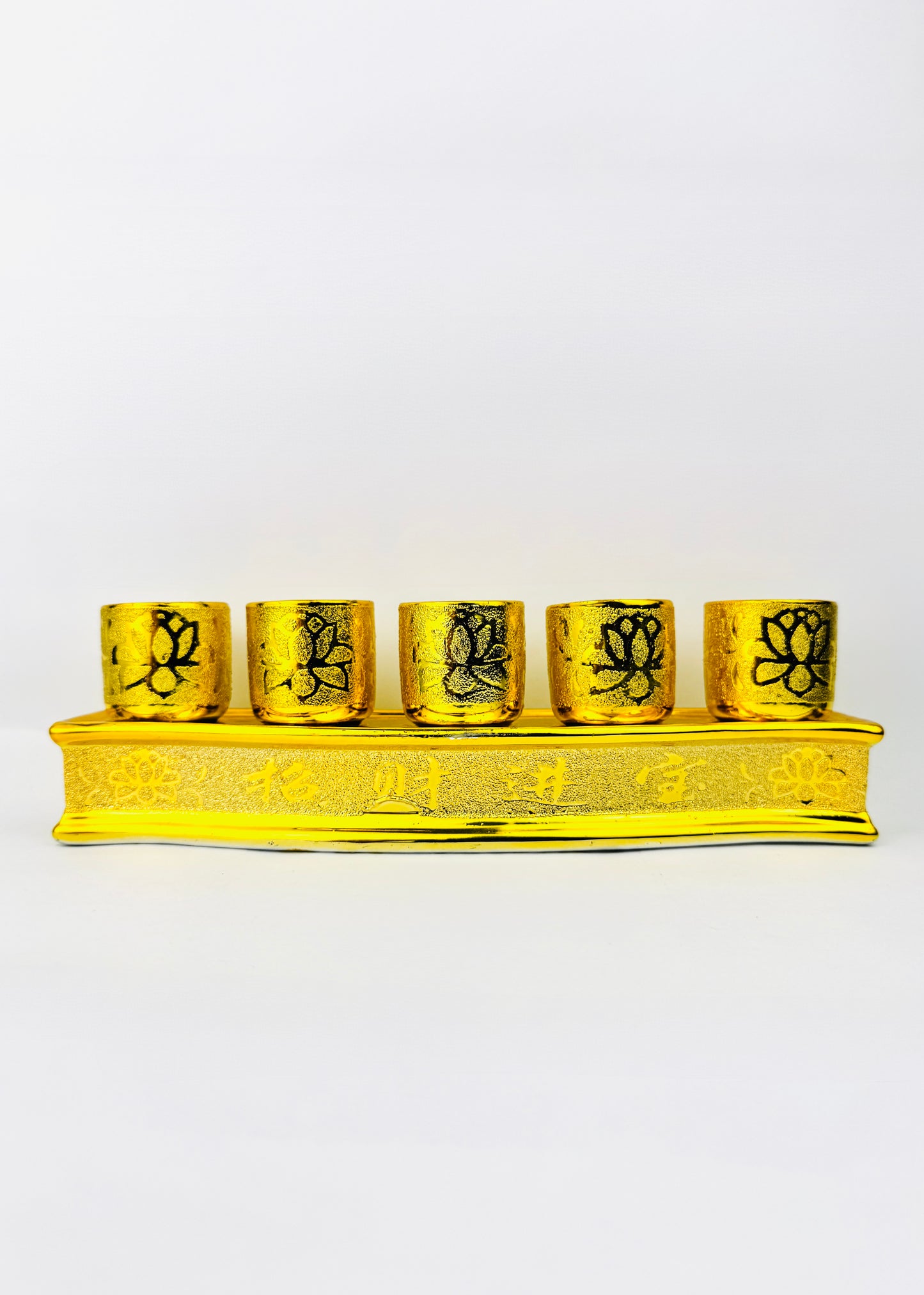 Gold Lotus Altar Offering Cups Set - 5 Cups - Curved Rectangular Base