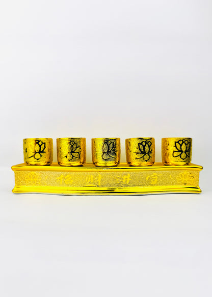 Gold Lotus Altar Offering Cups Set - 5 Cups - Curved Rectangular Base