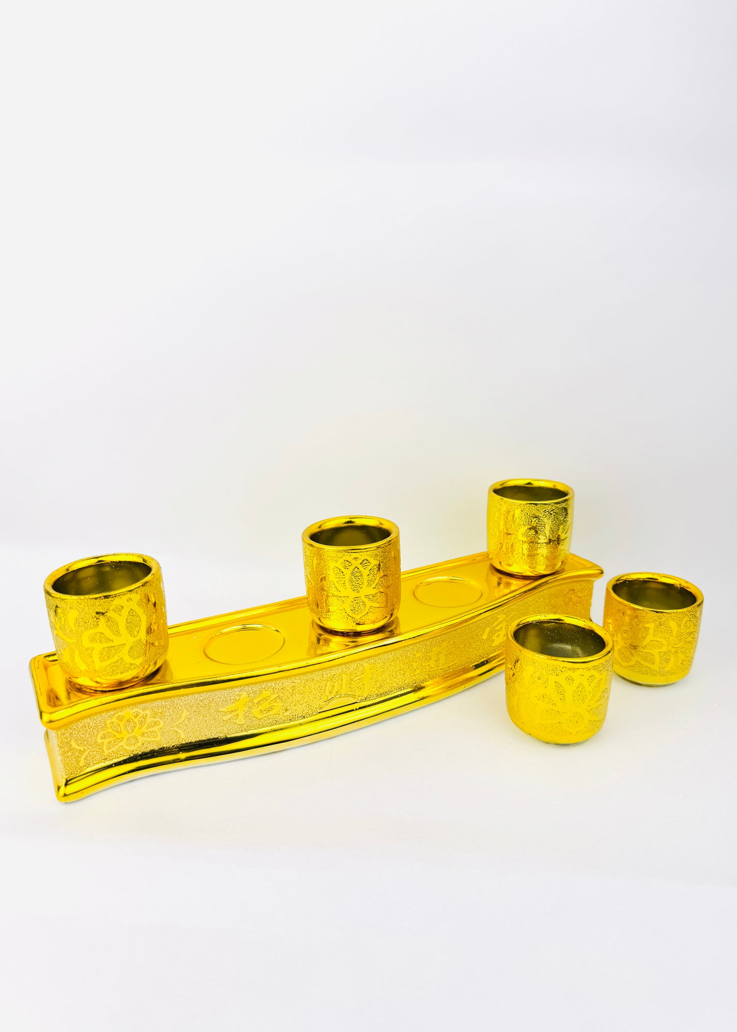 Gold Lotus Altar Offering Cups Set - 5 Cups - Curved Rectangular Base