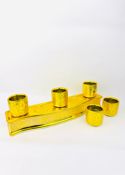 Gold Lotus Altar Offering Cups Set - 5 Cups - Curved Rectangular Base