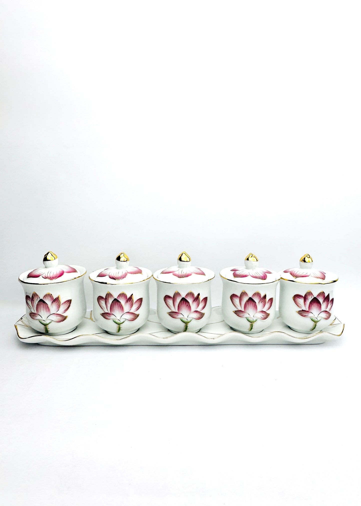Lotus Covered Offering Cups Set - 5 Cups - Scalloped Tray - Pink/Gold Porcelain