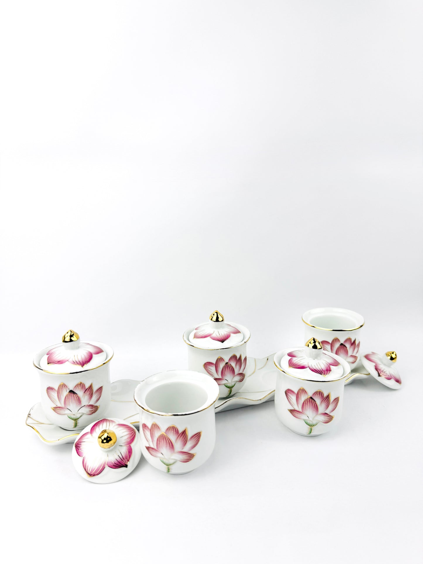 Lotus Covered Offering Cups Set - 5 Cups - Scalloped Tray - Pink/Gold Porcelain