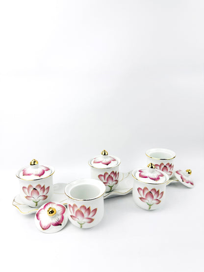 Lotus Covered Offering Cups Set - 5 Cups - Scalloped Tray - Pink/Gold Porcelain