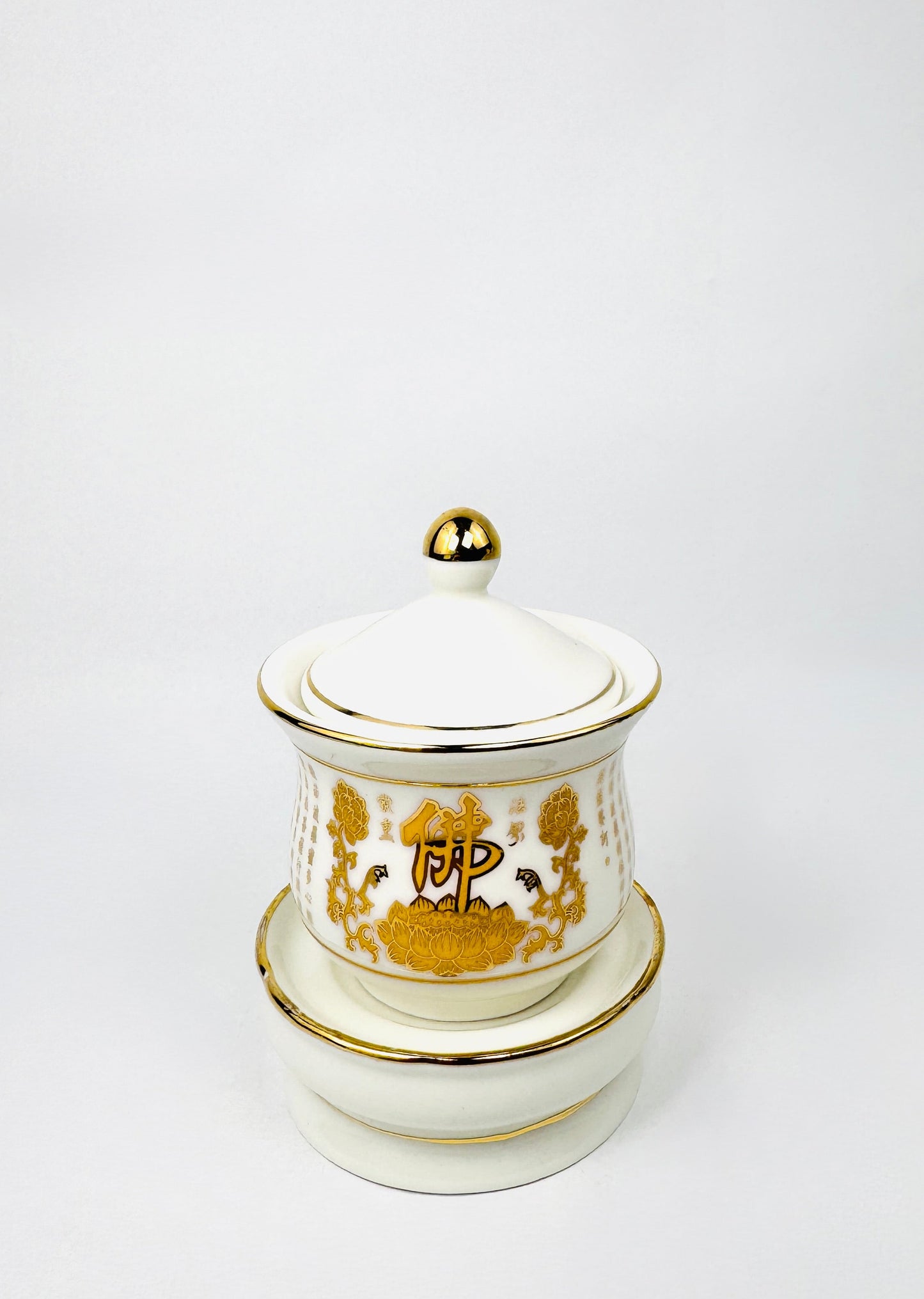 Buddha Script Covered Offering Cup - Single - White/Gold