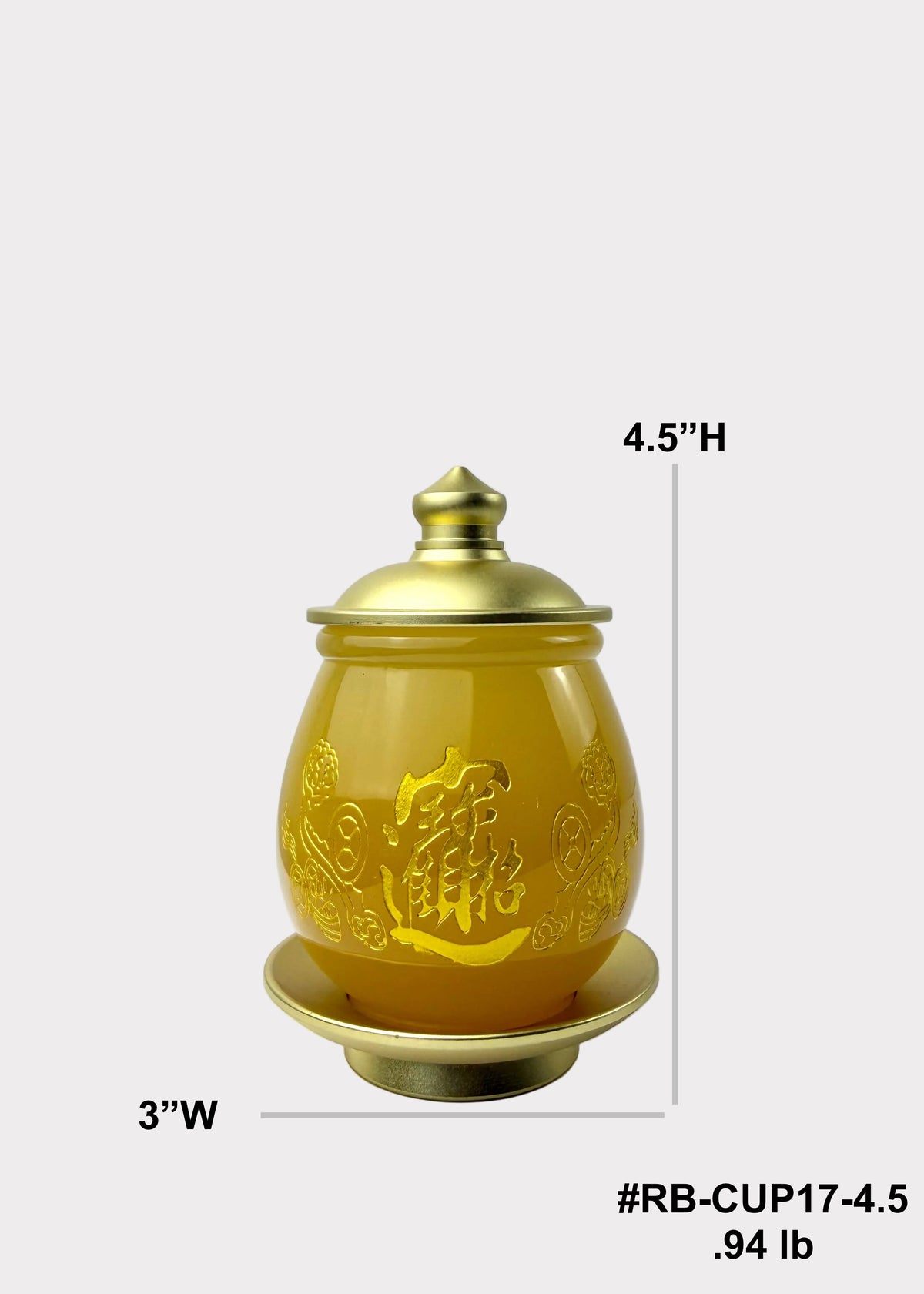 Yellow Jade Finish Offering Cup with Gold-Tone Metal Lid & Base