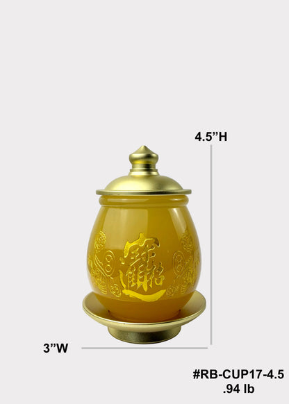 Yellow Jade Finish Offering Cup with Gold-Tone Metal Lid & Base