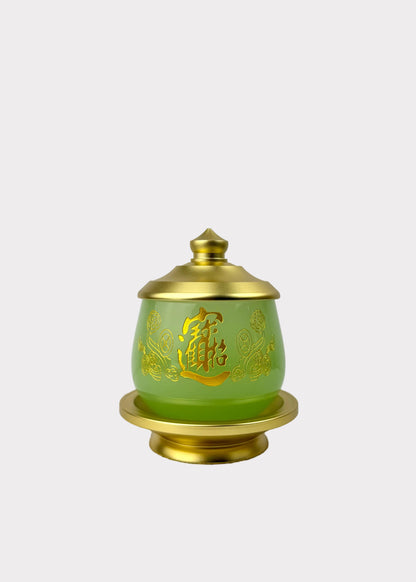 Jade Green Celadon Altar Cup with Gold-Tone Metal Lid & Plate