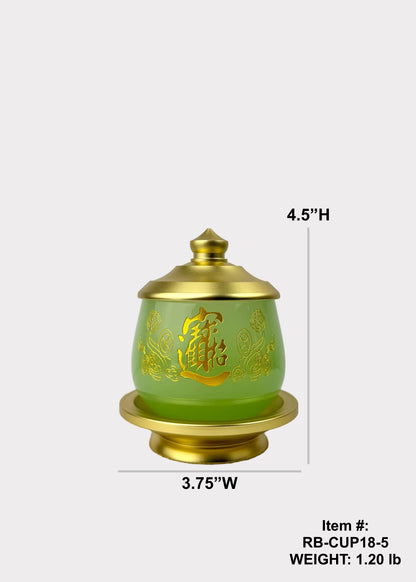 Jade Green Celadon Altar Cup with Gold-Tone Metal Lid & Plate