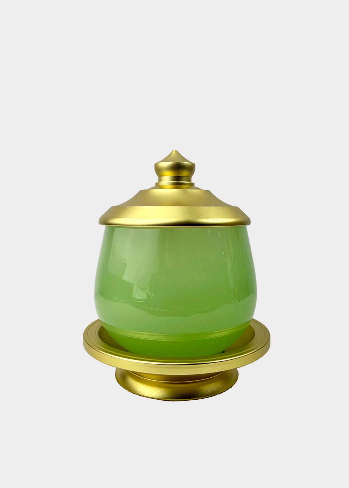 Jade Green Celadon Altar Cup with Gold-Tone Metal Lid & Plate