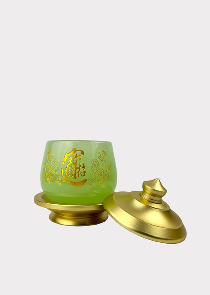 Jade Green Celadon Altar Cup with Gold-Tone Metal Lid & Plate