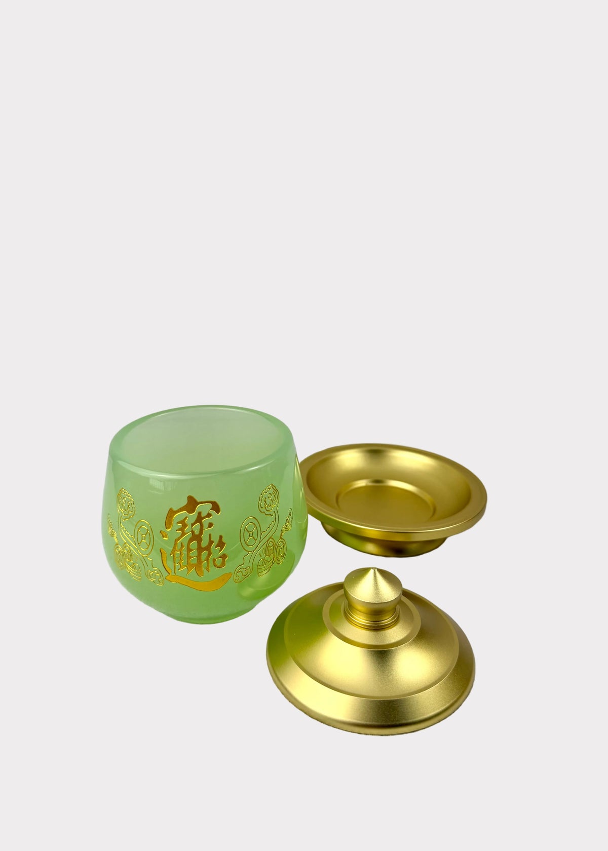 Jade Green Celadon Altar Cup with Gold-Tone Metal Lid & Plate