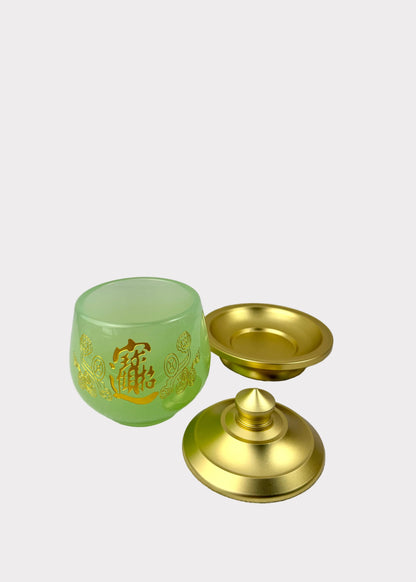 Jade Green Celadon Altar Cup with Gold-Tone Metal Lid & Plate