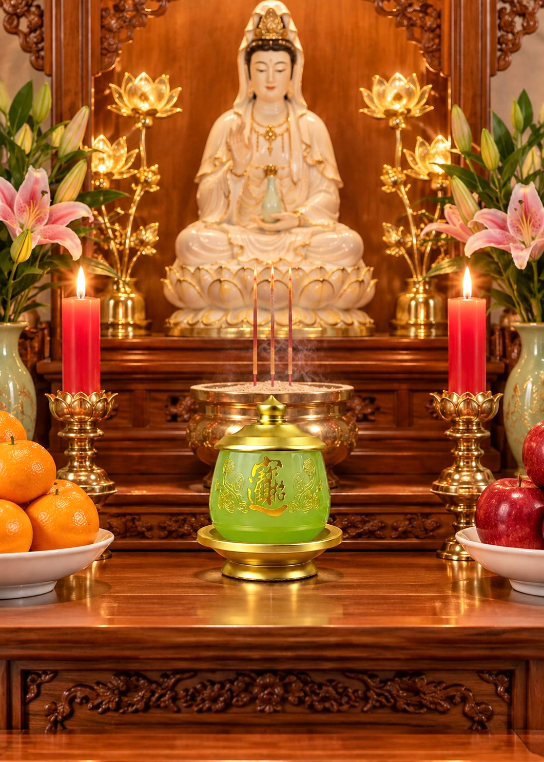 Jade Green Celadon Altar Cup with Gold-Tone Metal Lid & Plate