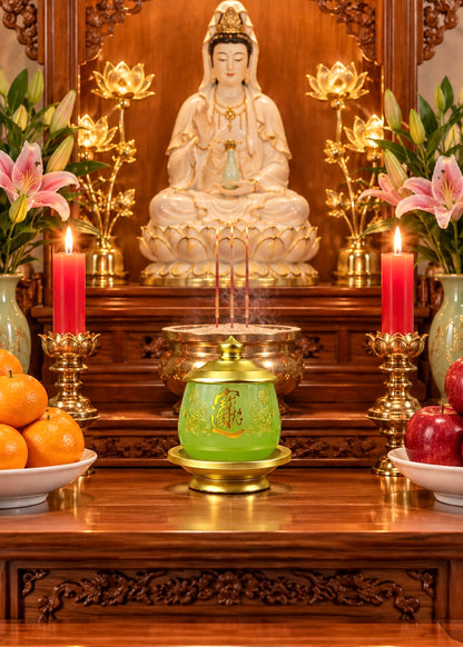 Jade Green Celadon Altar Cup with Gold-Tone Metal Lid & Plate