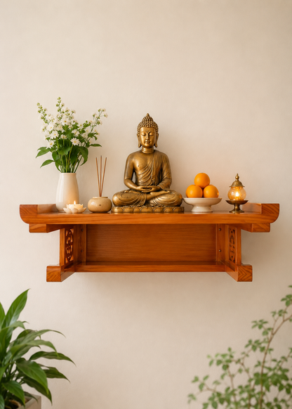 A bronze Buddha statue sits centered on a wooden floating shelf against a warm beige wall, styled with a white vase of flowers, incense sticks, oranges, and a small lantern. Green plants are visible in the lower corners.