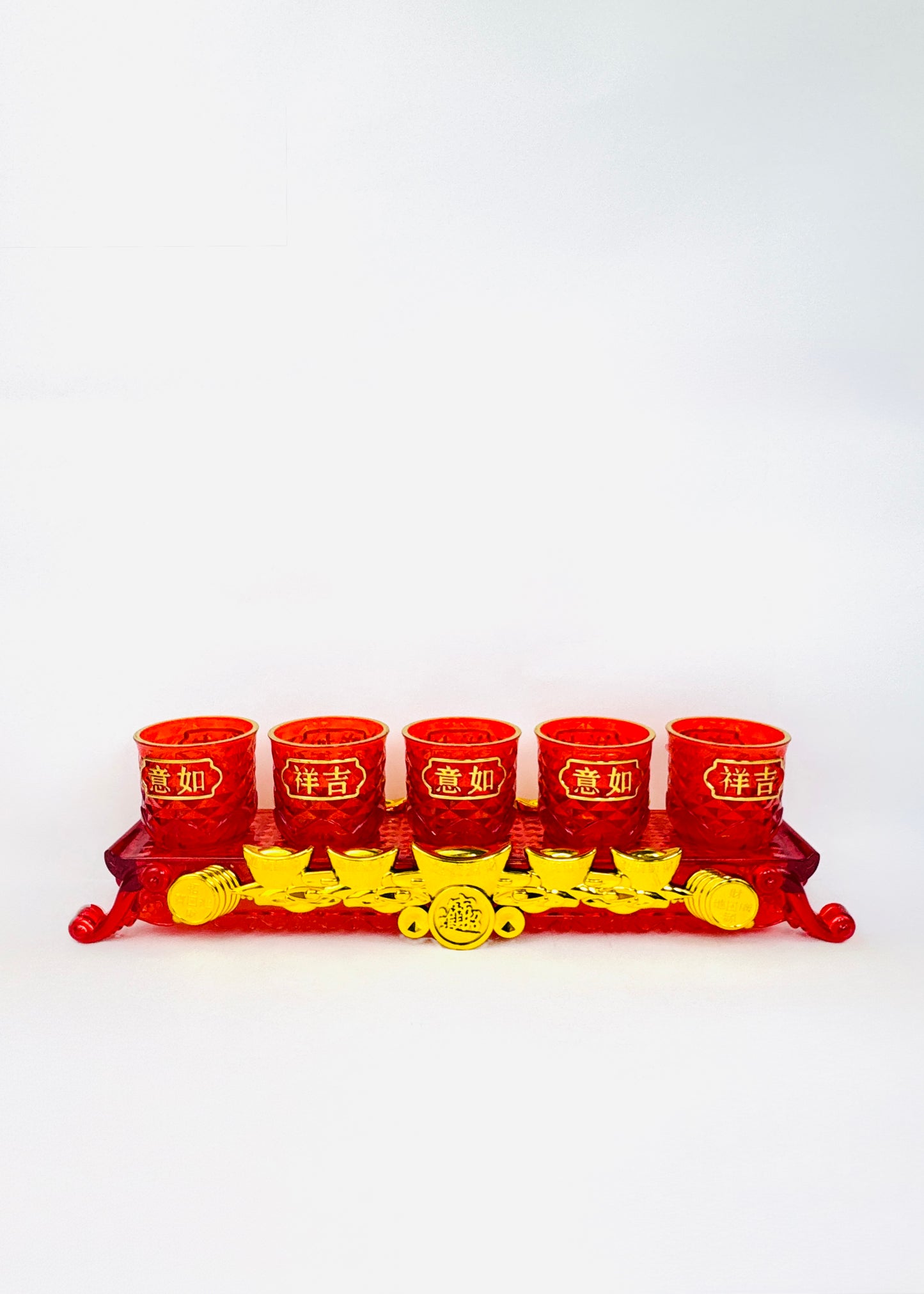 Auspicious Characters Offering Cup Set - 5 Cups - Red/Gold