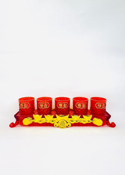 Auspicious Characters Offering Cup Set - 5 Cups - Red/Gold