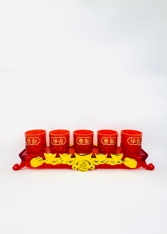 Auspicious Characters Offering Cup Set - 5 Cups - Red/Gold